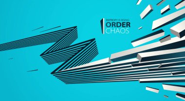 Enkaz parçacıkları kaos vektörü soyut arka planda patlıyor, entropi bozulmaya ve düzensizliğe yükseliyor, hareket halindeki elementler, 3 boyutlu duvar kağıdı.