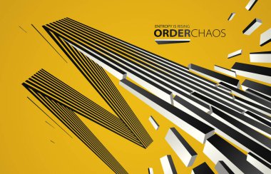 Enkaz parçacıkları kaos vektörü soyut arka planda patlıyor, entropi bozulmaya ve düzensizliğe yükseliyor, hareket halindeki elementler, 3 boyutlu duvar kağıdı.