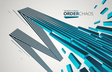 Enkaz parçacıkları kaos vektörü soyut arka planda patlıyor, entropi bozulmaya ve düzensizliğe yükseliyor, hareket halindeki elementler, 3 boyutlu duvar kağıdı.