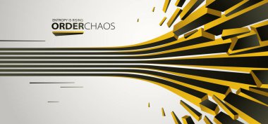 Enkaz parçacıkları kaos vektörü soyut arka planda patlıyor, entropi bozulmaya ve düzensizliğe yükseliyor, hareket halindeki elementler, 3 boyutlu duvar kağıdı.