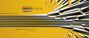 Enkaz parçacıkları kaos vektörü soyut arka planda patlıyor, entropi bozulmaya ve düzensizliğe yükseliyor, hareket halindeki elementler, 3 boyutlu duvar kağıdı.