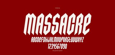 Manşetler için keskin ve cesur gotik yazı tipi, kenarlı geometrik modern vektör yazı tipi, heavy metal ve hard rock tarzı alfabe numaraları, italik versiyonu.