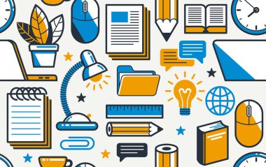 Ofis ya da uzak iş geçmişi, PC ve kağıtlar iş yeri masa başı işi sonsuz duvar kağıdı, tüm unsurları simge ya da illüstrasyon olarak ayrı ayrı kullanmak kolay.