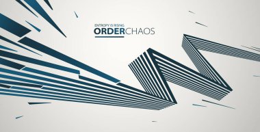 Enkaz parçacıkları kaos vektörü soyut arka planda patlıyor, entropi bozulmaya ve düzensizliğe yükseliyor, hareket halindeki elementler, 3 boyutlu duvar kağıdı.