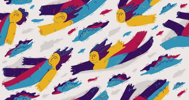 Hayalperestlerin kavramsal kusursuz arka planı, bulutların arasında uçan illüstrasyon vektörleri, hayal gücü özgürlüğü, rahatlama, huzur ve hipnotik duygular..