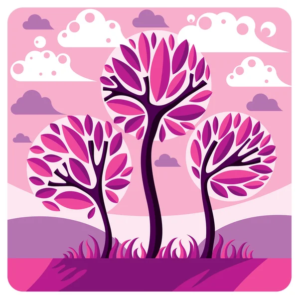 Trees and peaceful purple fantastic landscape — Stockvector