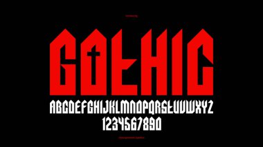 Manşetler için keskin ve cesur gotik yazı tipi, kenarlı geometrik modern vektör yazı tipi, heavy metal ve hard rock tarzı alfabe numaraları.