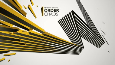 Enkaz parçacıkları kaos vektörü soyut arka planda patlıyor, entropi bozulmaya ve düzensizliğe yükseliyor, hareket halindeki elementler, 3 boyutlu duvar kağıdı.