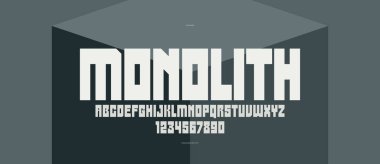 Logolar ve amblemler için kaba geometrik kare ve güçlü vektör geometrik yazı tipi, posterler için yazı karakteri, modern tarzda ağır ve kalın harfler.