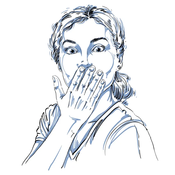 Hand-drawn shocked young woman — Stockvector