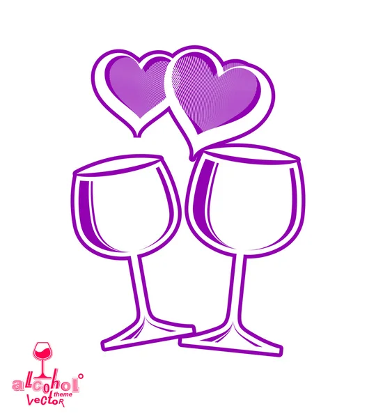 Wineglasses with two elegant loving hearts — Stock Vector