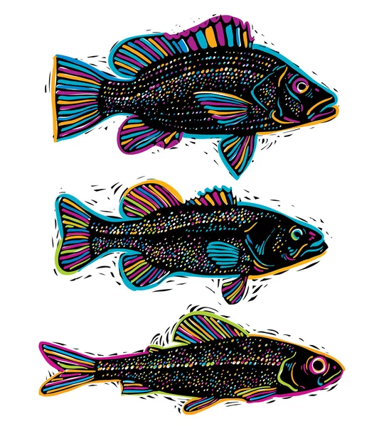 Conjunto de peces dibujados — Vector de stock