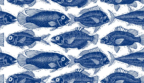 Seamless sea pattern with fish silhouettes — Stok Vektör