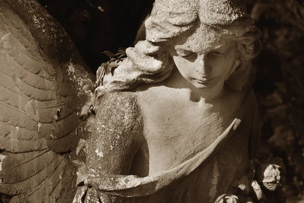 Vintage image of a sad angel on a cemetery against the backgroun — Stock Photo, Image