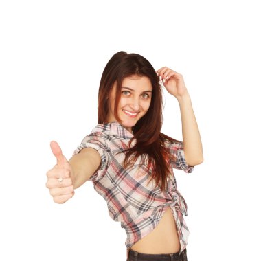 Yaşasın, izole üzerinde beyaz b gösterilen mutlu genç gülümseyen