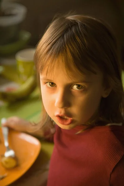 Portrait Cute Beautiful Little Child Girl Eating Pancake Funny Facial — Stock Photo, Image