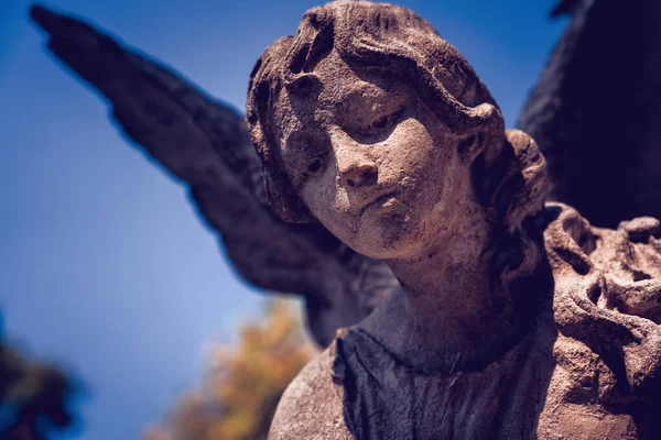 Cierra Maravilloso Ángel Guarda Fragmento Una Estatua Piedra Antigua —  Fotos de Stock