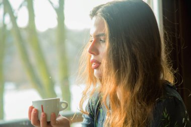 Winter holidays, christmas, hot drinks and people concept. Happy beautiful young woman drinking coffee behind a window. Horizontal image.