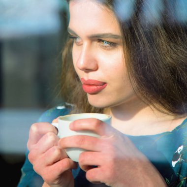 Winter holidays, christmas, hot drinks concept. Portrait of beautiful woman drinking coffee behind a window. 