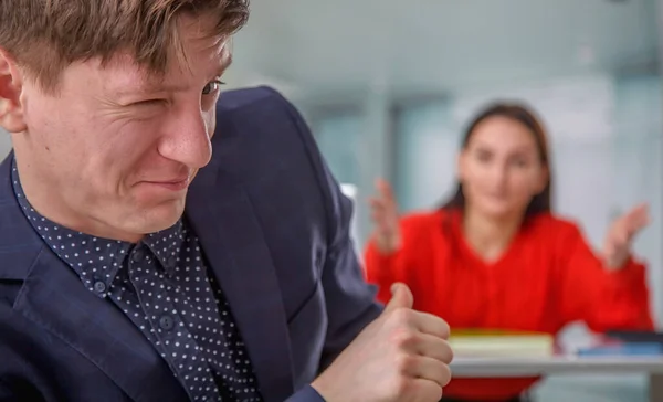 Male Worker Laughing His Female Business Boss Latent Aggression Competition — Stok fotoğraf