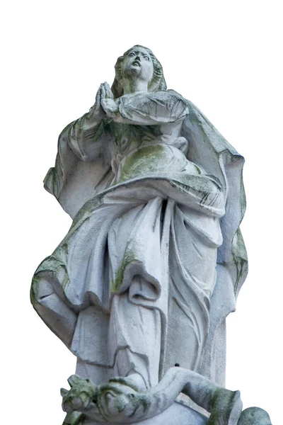 Древняя Каменная Статуя Девы Марии Изолированы Белом Фоне Религия Вера — стоковое фото
