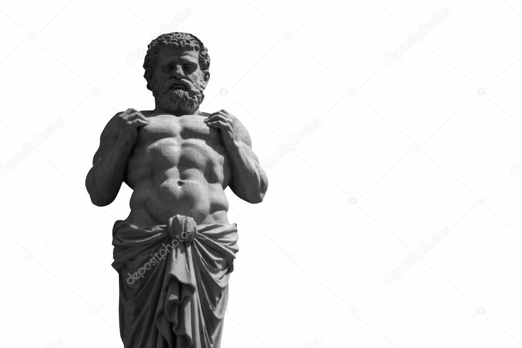 Ancient stone statue of Hercules as symbol of power and strength. Isolated on white background.
