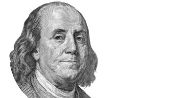 Benjamin Franklin 'i (100 Amerikan Doları) kapatın. Para, iş ve finans kavramı. Beyaz arkaplanda izole. 
