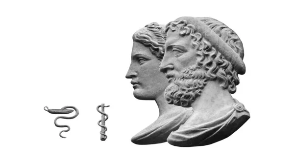 Tedavi Tanrısı ve Asclepius ve kızı tıp tanrıçası Gig. Beyaz arkaplanda izole edilmiş antik heykeller.