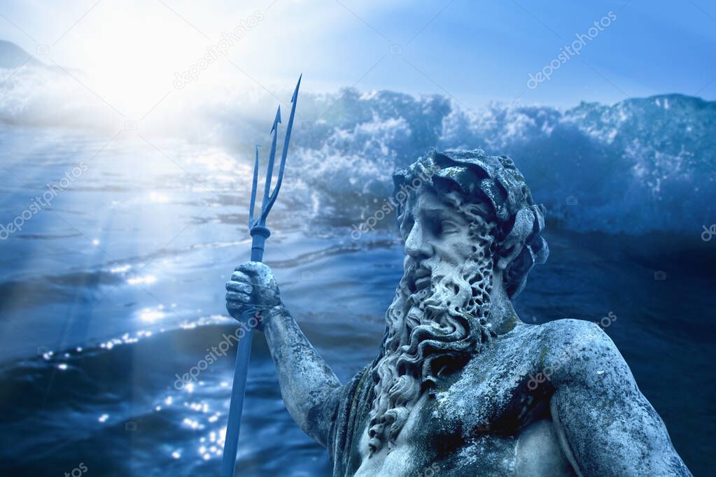 The mighty god of water, sea and oceans Neptune (Poseidon, Triton). Neptun's trident as symbol strength, power and unrestraint. Fragment of an ancient statue.