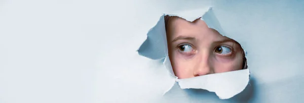 Close Young Cute Scared Child Girl Looking Hole Paper Wall — Stock Photo, Image