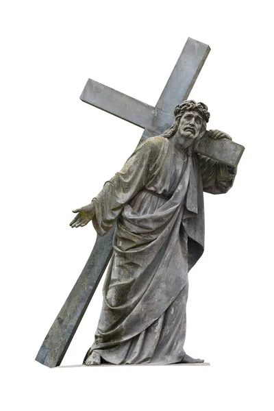 Santa Cruz Con Jesucristo Crucificado Antigua Estatua Piedra Sobre Fondo —  Fotos de Stock