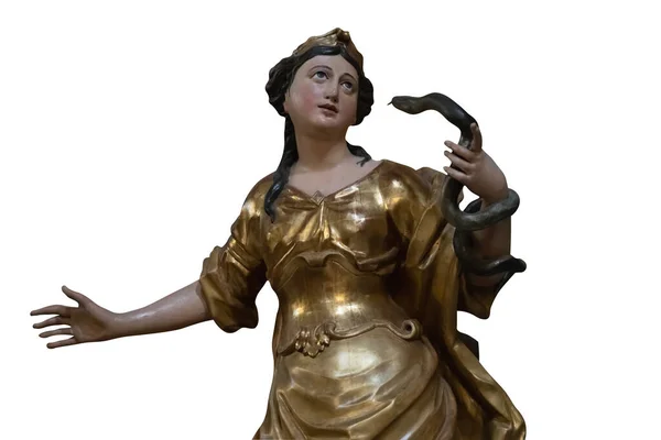 Biblijna Scena Pokusy Ewy Kobieta Wężem Fragment Starożytnej Posągu Odizolowany — Zdjęcie stockowe