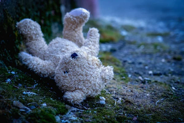 Medvídek Ležel Špinavém Asfaltu Jako Symbol Ztraceného Dětství Osamělosti Bolesti — Stock fotografie