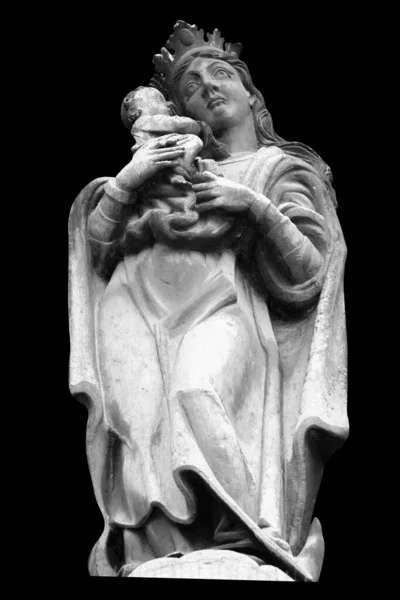 Jungfru Maria Himmelens Drottning Med Jesusbarnet Forntida Sten Staty Isolerad — Stockfoto