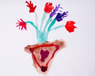 Dünya küçük çocukların gözleriyle. Çiçek saksısındaki çiçek resmi.