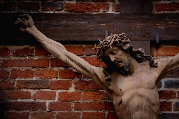 Feche Crucificação Jesus Cristo Estátua Antiga — Fotografia de Stock