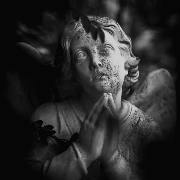 Anjo Orante Uma Estátua Pedra Muito Antiga Imagem Preto Branco — Fotografia de Stock