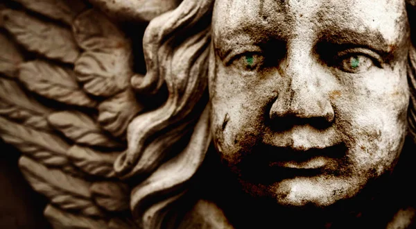 Face Angel Death Close Fragment Ancient Statue Horizontal Image — Stock Photo, Image