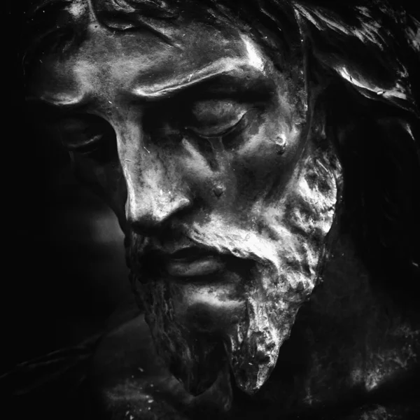 Gros Plan Fragment Ancienne Statue Jésus Christ Image Noir Blanc — Photo