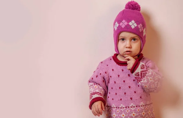 Little Cute Baby Trying Winter Clothes Copy Space — Stock Photo, Image