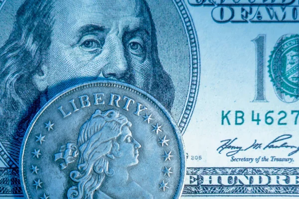 Moeda Com Descrição Liberdade Nota Dólar Americano Como Símbolo América — Fotografia de Stock