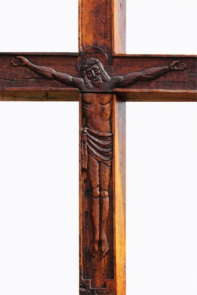 Crucified Jesus Christ on the cross (antique wooden statue) — Stock Photo, Image