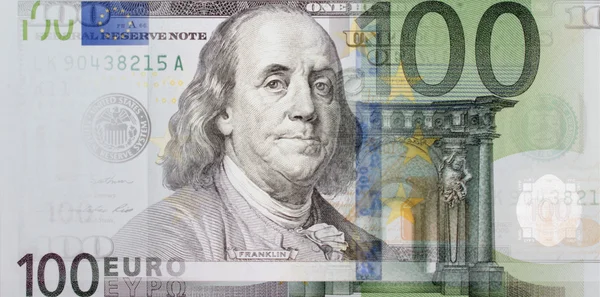 Hundred dollars and the euro as a symbol of interdependencies in — Stock Photo, Image