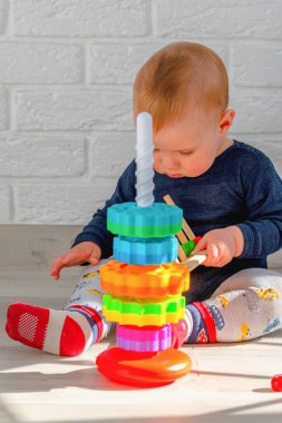 Mutlu çocukluk kavramı. Küçük bebek tahta oyuncaklarla oynamaya başladı. Çocuk bir tasnif makinesi topluyor. Çocuklar için eğitici mantık oyuncakları. Bebek oyun zamanı. Dikey resim.