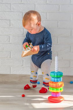 Küçük bebek tahta oyuncaklarla oynamaya başladı. Çocuk bir tasnif makinesi topluyor. Çocuklar için eğitici mantık oyuncakları. Bebek oyun zamanı. Kapatın. Yatay resim.