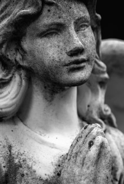 Güzel üzgün meleğin siyah beyaz görüntüsü. Parça. Siyah ve beyaz dikey resmi kapat. 