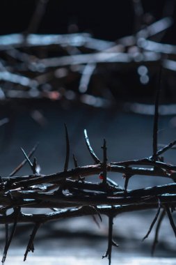 İncil bağlamında acı, işkence, dayanıklılık ve ruhsal ıstırabı temsil eden dikenli bir tacın dramatik yakın çekimi.