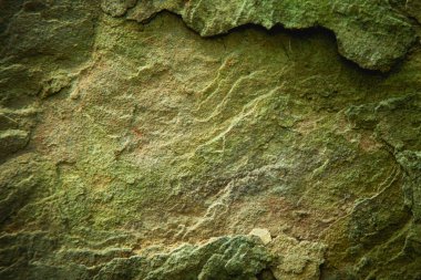 Yeşil aşınmış kaya dokusu yosun ve kaba yüzey ile zamanı, doğayı, erozyonu ve organik doğal maddeleri sembolize ediyor..