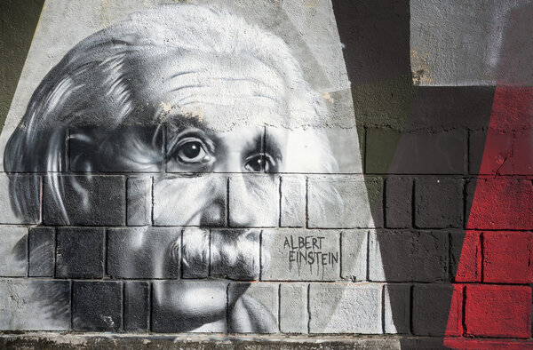 Albert Einstein graffiti on the wall in Opatija Angiolina Park.