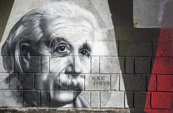 Albert Einstein graffiti on the wall in Opatija Angiolina Park. Royalty Free Stock Photos